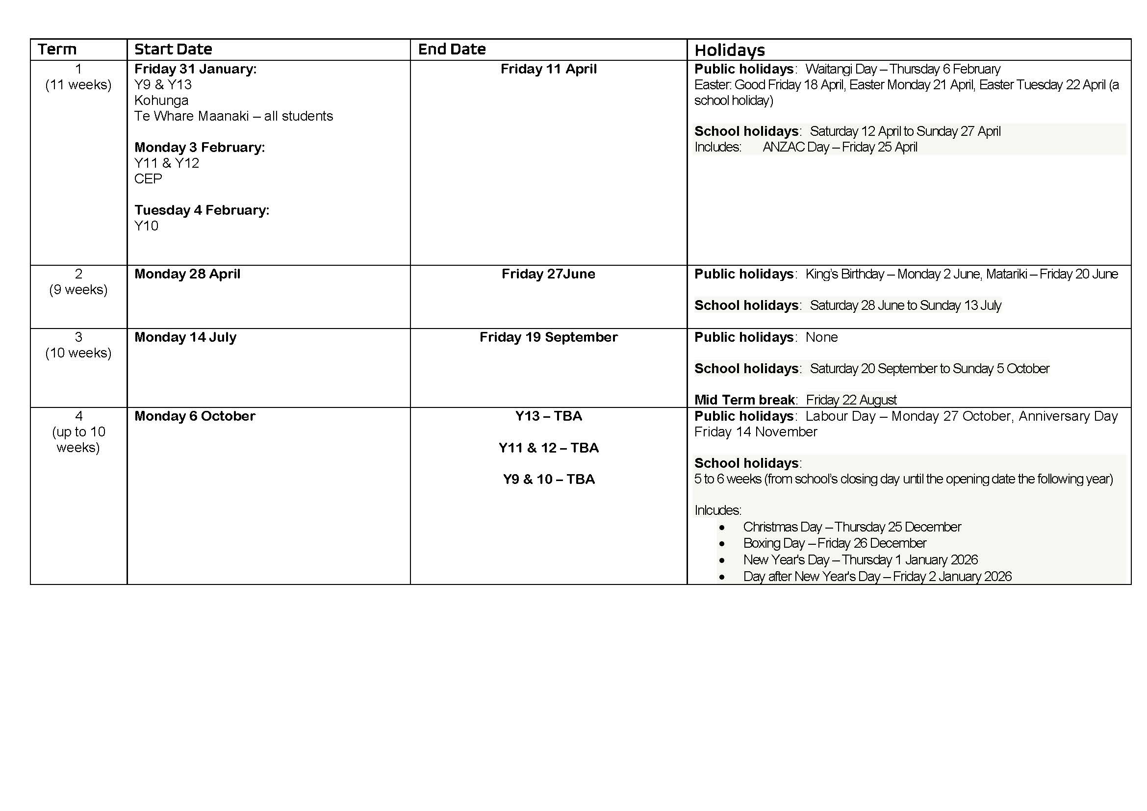 Term Dates Ashburton College